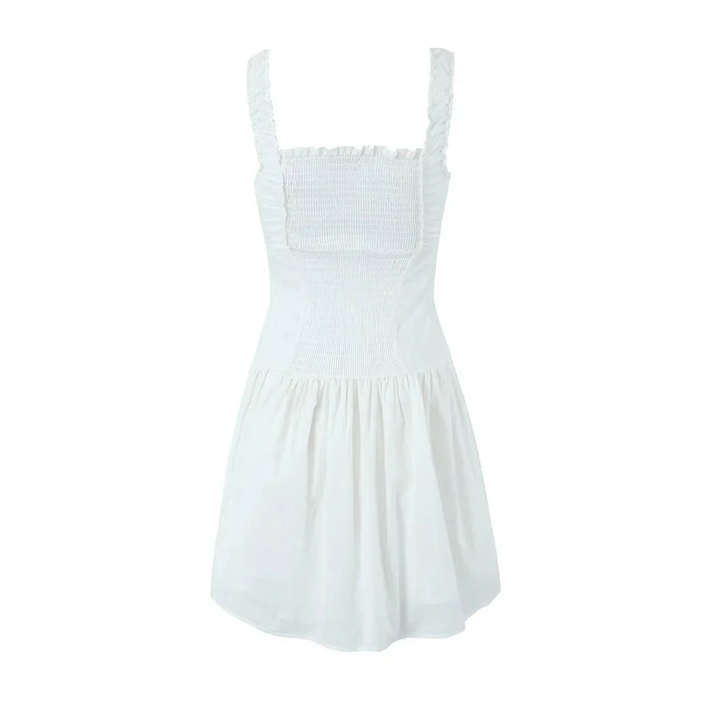 Foridol Bowknot Smocked White Short Dress Women Summer Cotton Mini Sleeveless Tank Sundress Beach Chic Buttons Dress for Petite