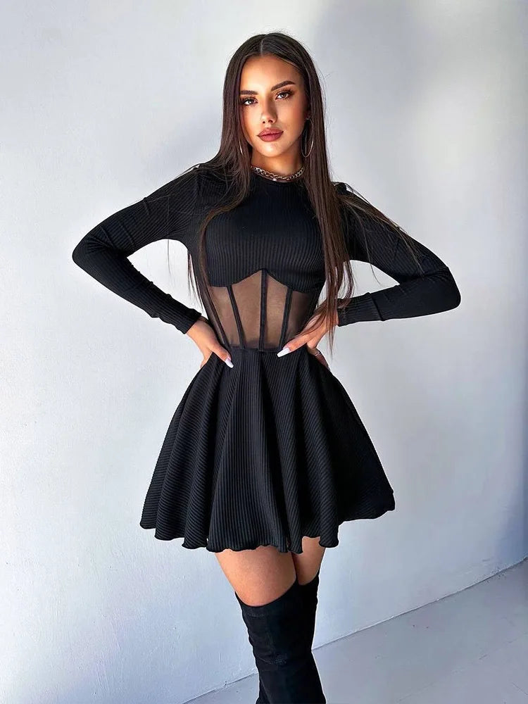 FDYOUI 2026 Sexy Mesh Patchwork A-line Short Dress Streetwear Women's O-neck Long Sleeve High Waist Tuncs Party Club Dresses