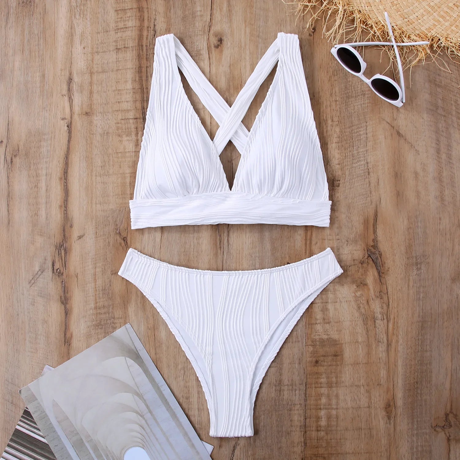 Wrinkled Crinkled Cross Back Bikini Women Swimwear Female Swimsuit Two-pieces Bikini Set High Cut Bathing Suit Swim Beach Wear