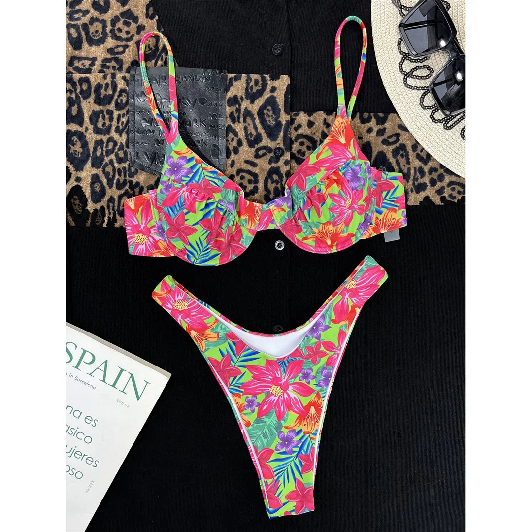 Flowers Printed Underwired Brazilian Bikini Female Swimsuit Women Swimwear Two-Pieces Bikini Set Bather Bathing Suit Swim V4762