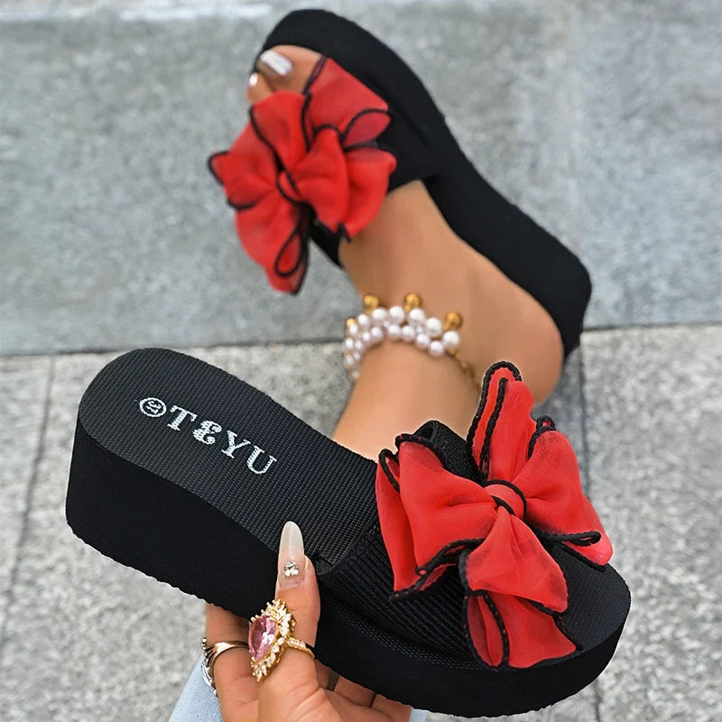 2026 Summer Big Bowknot Platform Slippers Women Plus Size 42 Open Toe Wedges Sandals Woman Lightweight Casual Beach Flip Flops