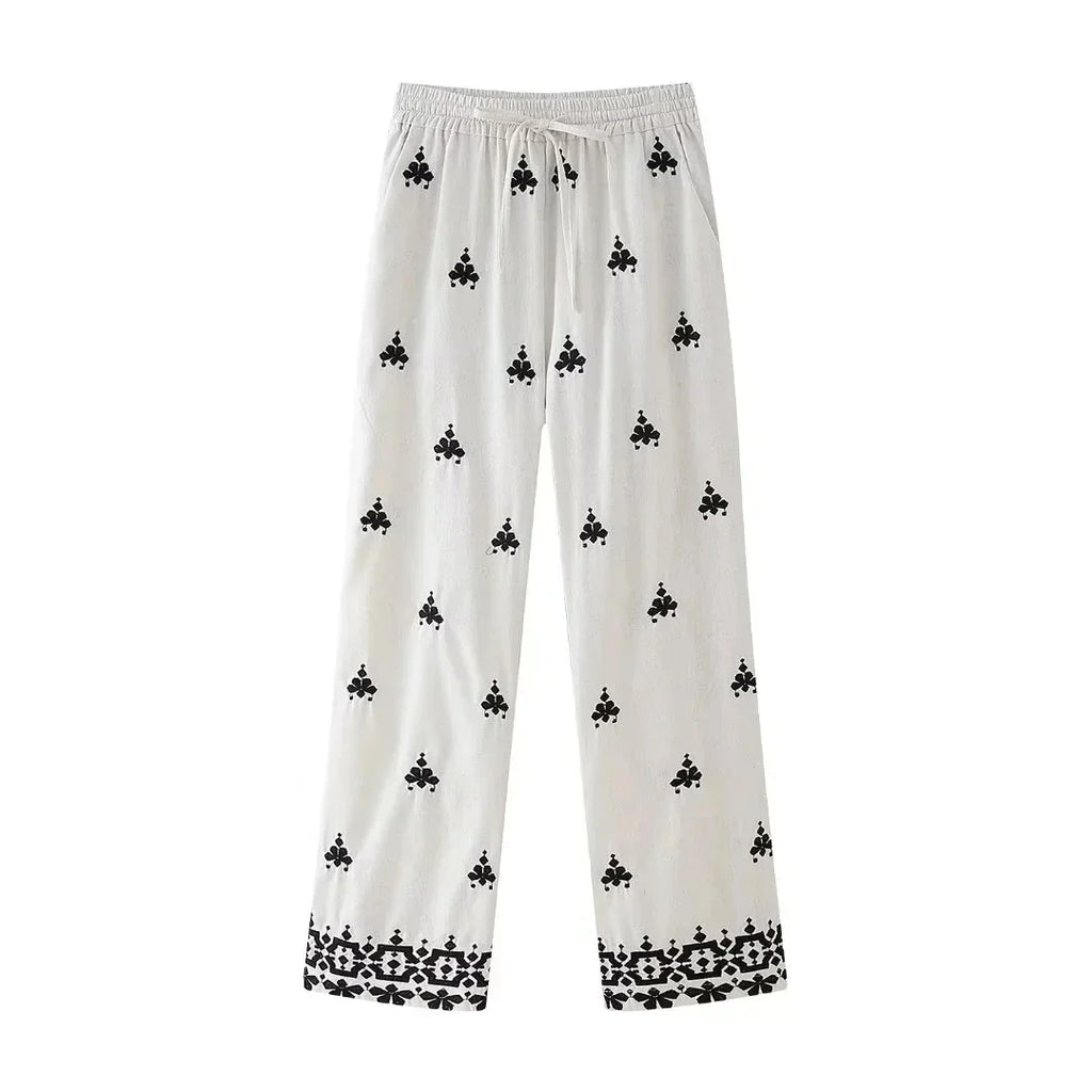 Foridol Geometric Pattern Embroidery Long Pants Women Wide Leg Beige Casual Summer Pants Elastic Waist Drawstring Pants 2025