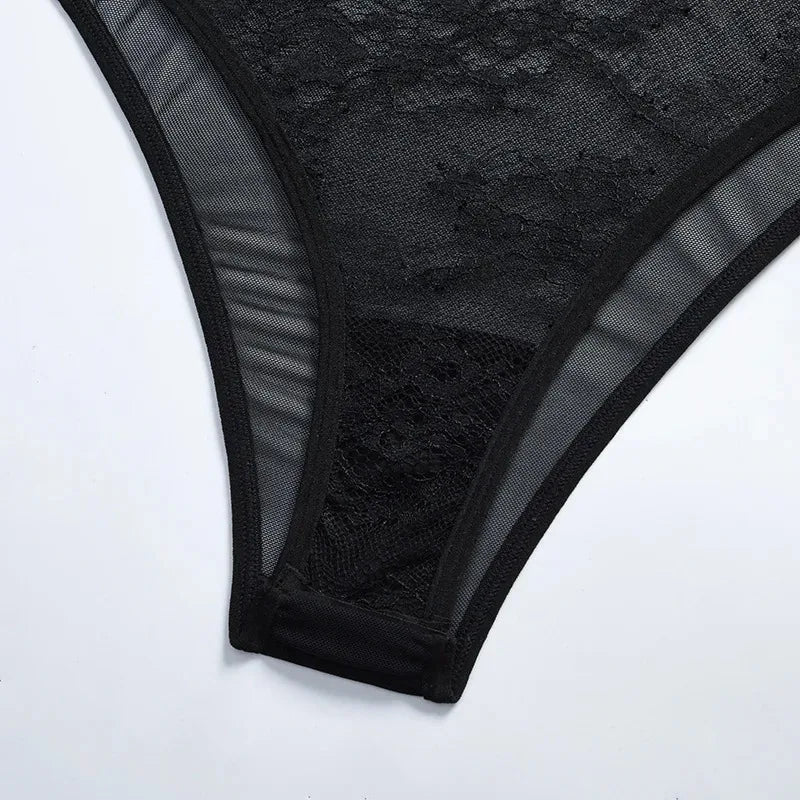 Toucheart Sexy Mesh Patchwork Embroidery Jumpsuit For Women Lace Sling Underwear Solid Color Sexy See-Through Backless Jumpsuit