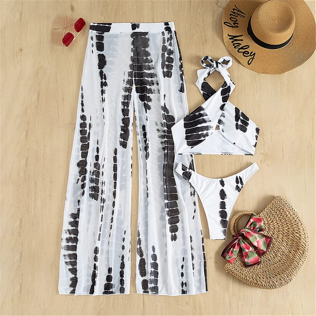 Halter Printed With Beach Pants Bikini Women Swimwear Female Swimsuit Three-pieces Bikini set Bather Bathing Suit Swim V3542