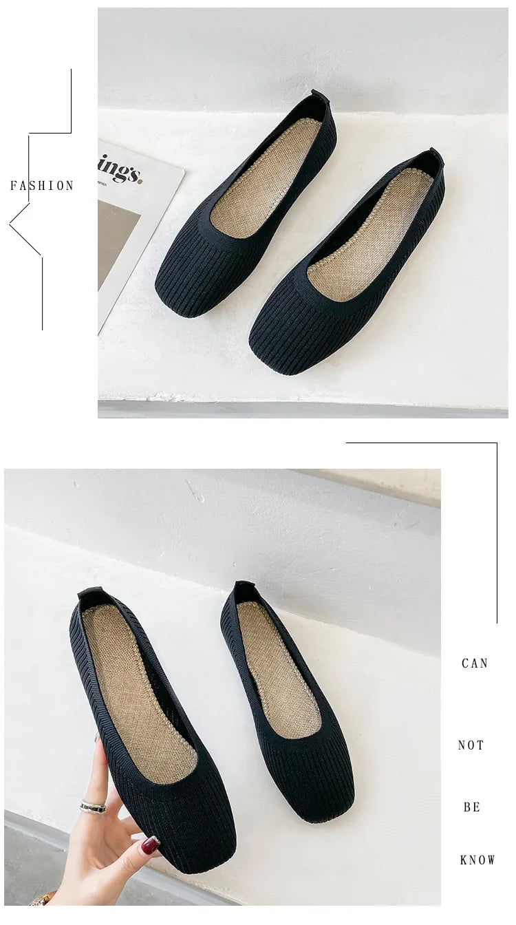 Women Leisure Flats Summer Autumn Flat Shoes Breathable Knitted Square Toe Slip-on Female Daily Walking Driving Loafers
