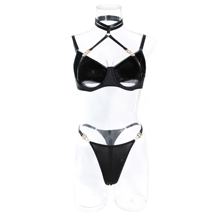 Toucheart 2-Piece Set Sexy Lingerie Women See-Through Halter Neck Comfortable Garter Socks Solid Color Hollow Out Underwear Set