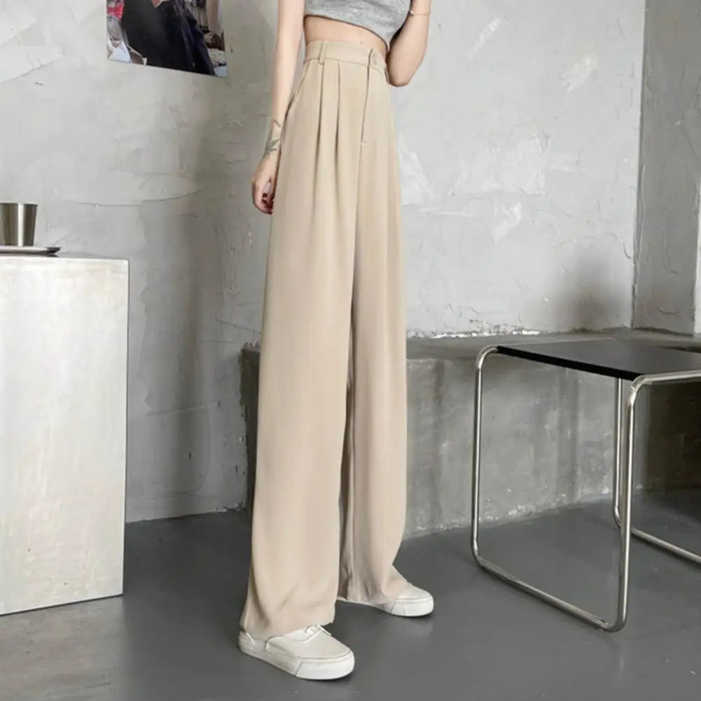 Women High Waist Straight Wide Leg Pants Solid Color Suit Pants Elastic Slant Pockets Loose Office Trousers
