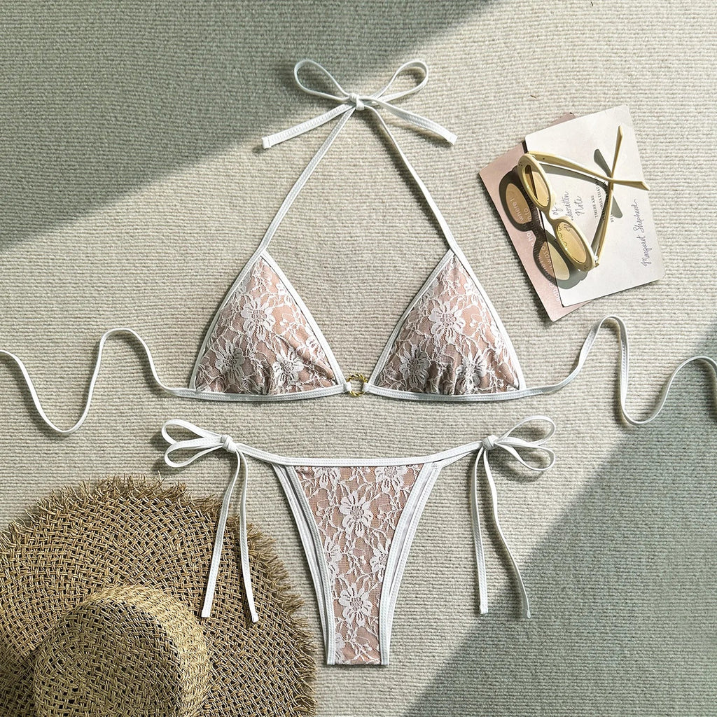 Embroidery Mesh Lace Halter Bikini Female Swimsuit Women Swimwear Two-pieces Bikini Set High Cut Bathing Suit Swim Beach Wear