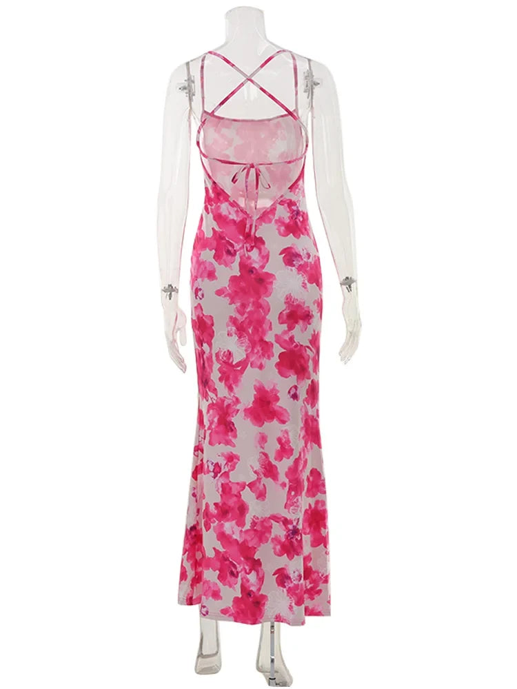 Ahagaga Fashion Women's Maxi Dresses 2026 Summer New Sexy Backless Print Dress Strap Sleeveless Party Beach Bodycon Elegant Cute