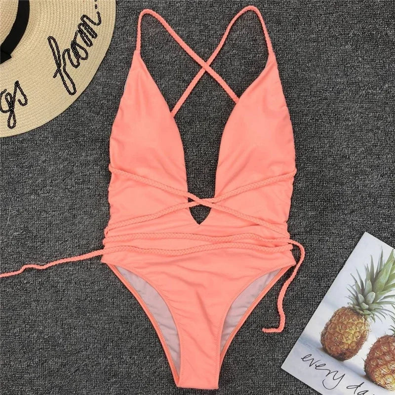Sexy Deep V Neck Wrap Around Female Swimwear One Piece Swimsuit Women Backless Monokini High Leg Cut Bathing Suit Swim Beachwear