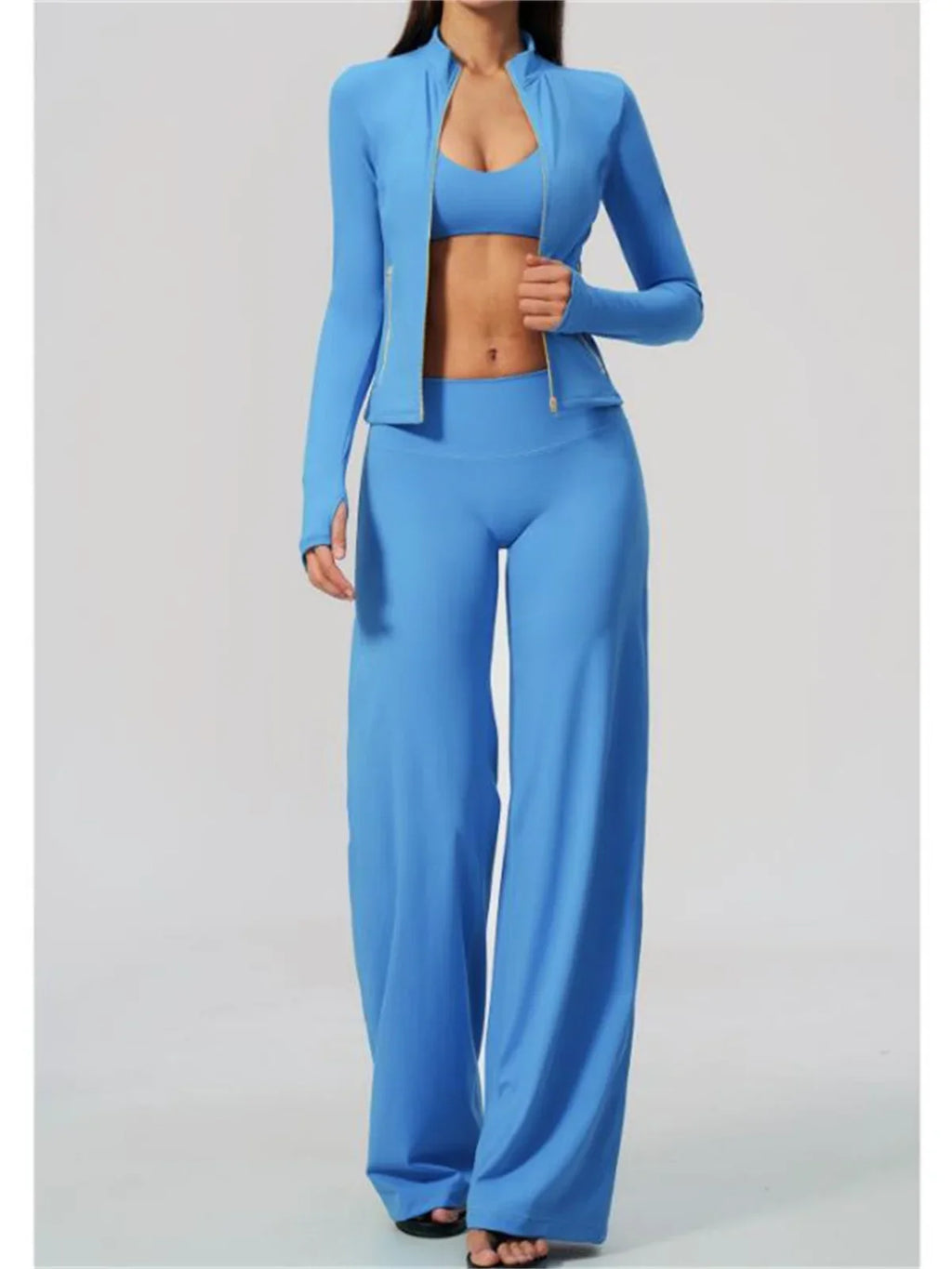 3 PCS Yoga Sets Women Long Sleeve Zipper Slim Jacket+sports Bra+high Waist Flare Pants Fitness Suits Gym Exercise Athletic Wear