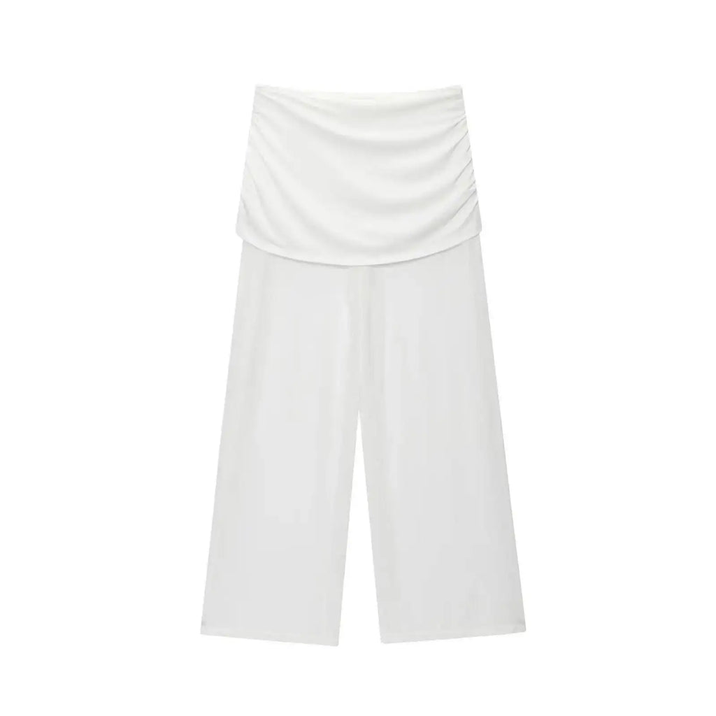 Women's One Shoulder Top Long Pants Set White Strapless Ruched Crop Top And Mesh Flare Pants Two Piece Set Out Party Outfit LNBK