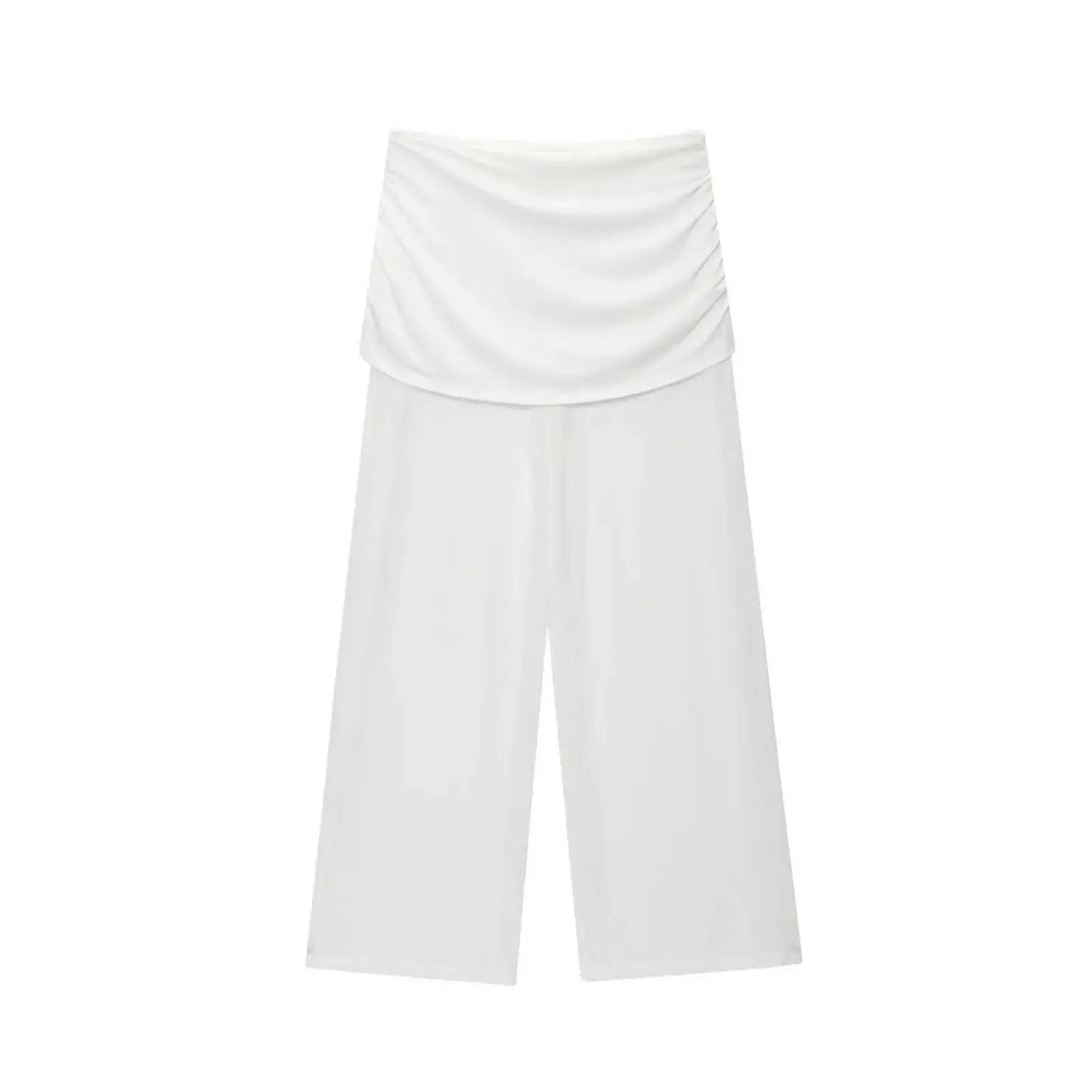 Women's One Shoulder Top Long Pants Set White Strapless Ruched Crop Top And Mesh Flare Pants Two Piece Set Out Party Outfit LNBK