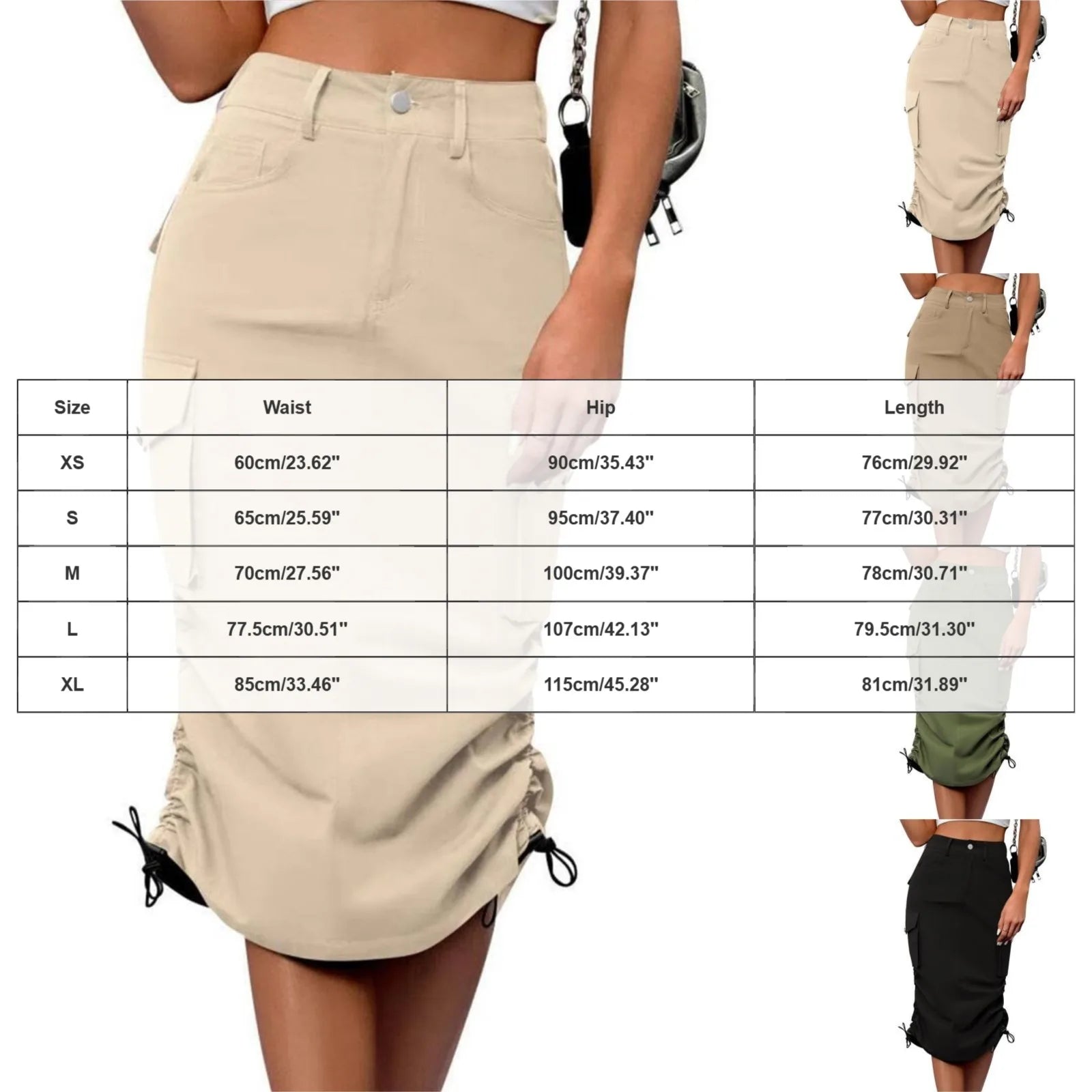 Womens Cargo Midi Skirt High Waist Multi Pocket Pencil Skirt Side Drawstring Ruched Split Hem Bodycon Summer Skirts Streetwear