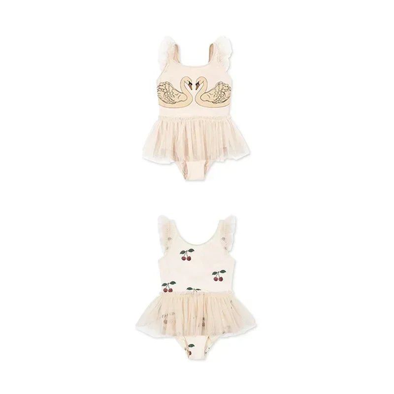 Princess Mesh Swimsuit Baby Girl Swan Cherry Sling Cute Swimming Suit Quick Drying Sun Protection Swim Wear with Cap H8126