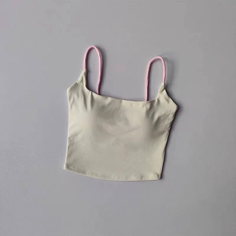 Women's Sexy Backless Yoga Sports Vest Fixed One-Piece Cup Contrast Suspender Beautiful Back Fitness Bra for Active Wear