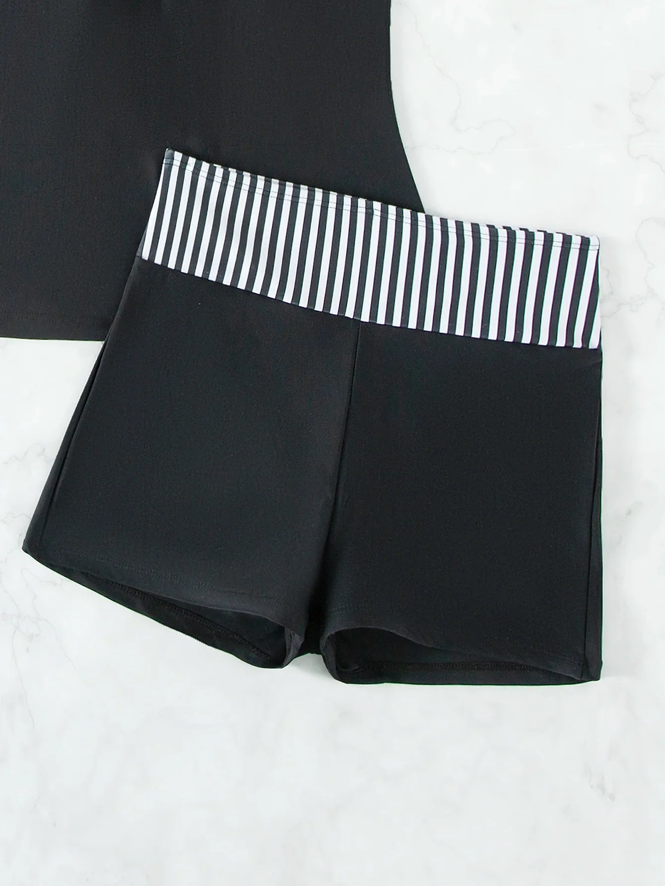 Women's Conservative 2 Piece Swimsuit Black Stripe Print Patchwork Tankini Bikini Set Suspender Cross Backless Bathing Suit 2025