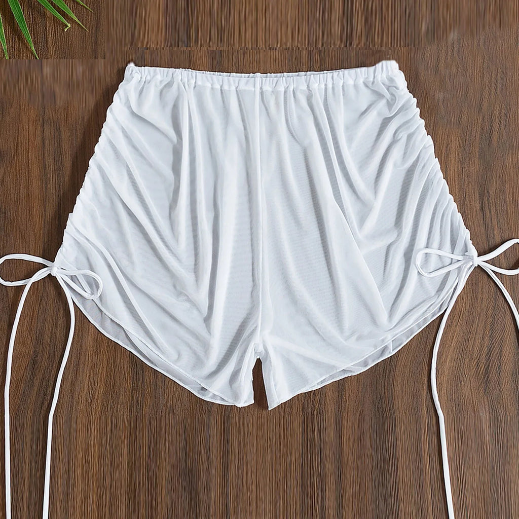 Women Summer Sexy Beach Swimming Shorts High Waist Mesh Sheer Elastic Bikini Bottom White Black Transaparent Cover Up Beachwear