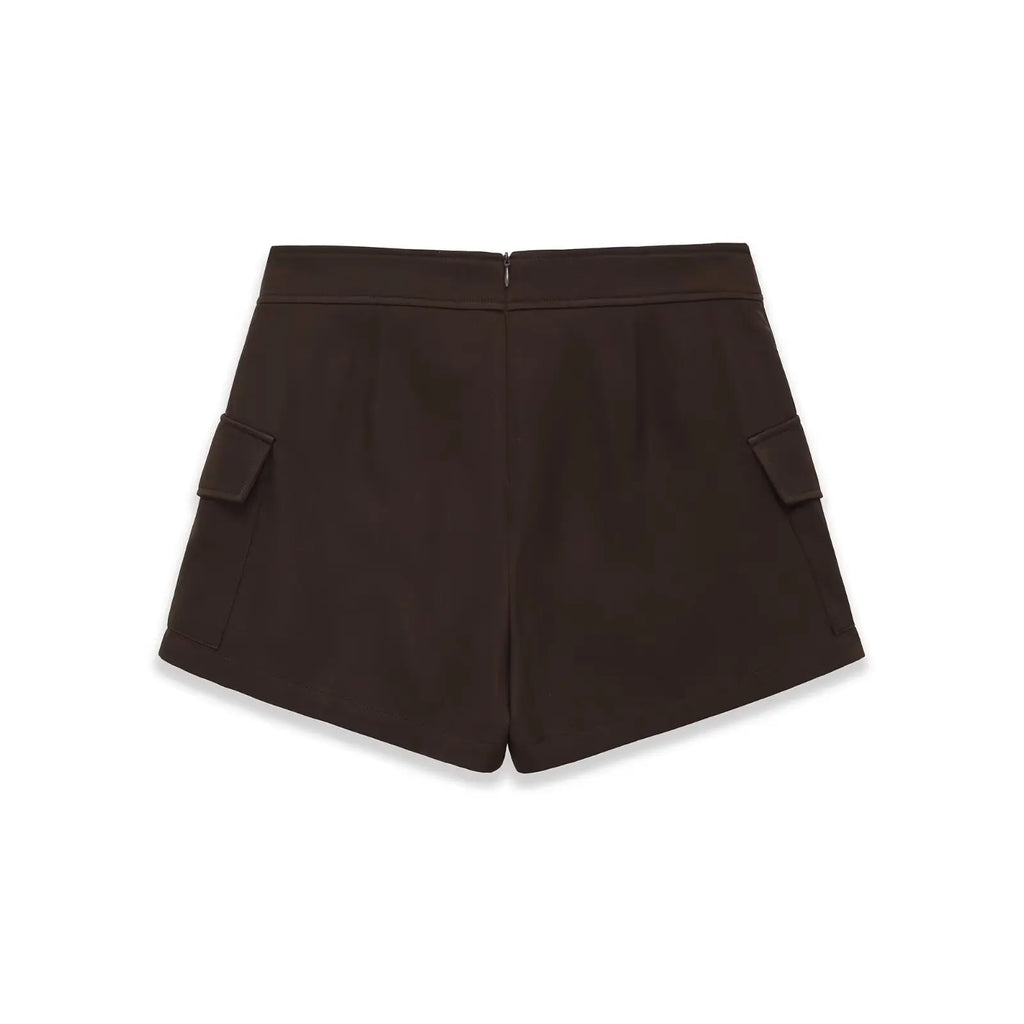 Women's Workwear Skirt-pants Dark Brown Wrap Design Cargo Skort With Pockets For Women High Waist Summer Shorts Elegant 56S3
