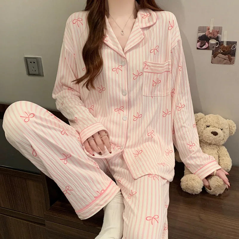 Spring Autumn New Women's Pajamas Long Sleeved Long Pants Sweet Printed 2-piece Set Casual Home Cardigan Nightgown