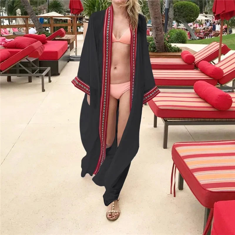 White Chiffon Long Maxi Kimono Cardigan Women Beach Cover Up Embroidery Edge with Belt Tunica Kaftans Femininos Beachwear 2026