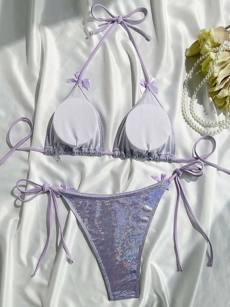 Sparkling Glitter Halter Bow Bikini Female Swimsuit Women Swimwear Two-pieces Bikini Set High Cut Bather Bathing Suit Swim Lady