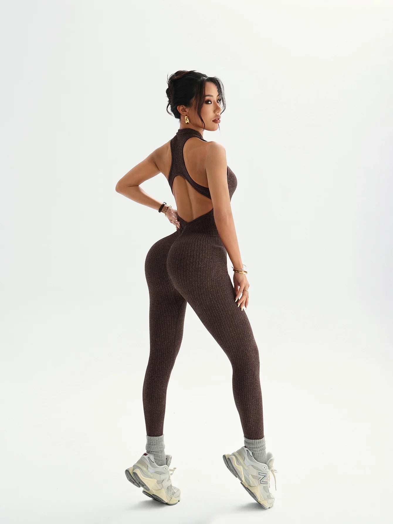 Women Seamless Yoga Jumpsuit Workout Bodysuit Tummy Control Butt-Lifting Gym Clothes Sleek Sportswear Striped Athletic Outfit