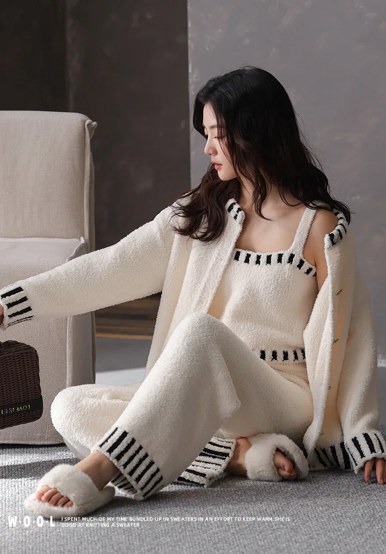 Women's Autumn and Winter Pajamas 3-Piece Set Soft and Half Velvet Thickened and Warm
