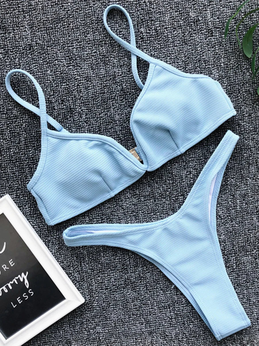 Ribbed V Shape Thong Bikini Women Swimwear Swimsuit Female Two-pieces Bikini set High Cut Bather Bathing Suit Swim Beachwear