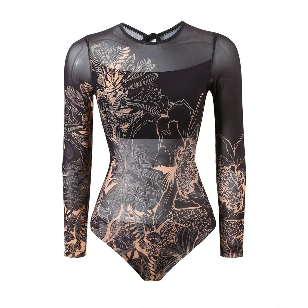 S - XXL Printed Long Sleeve With Sarong One Piece Swimsuit Women Swimwear Female Flowers Padded Bather Bathing Suit Swim K7181