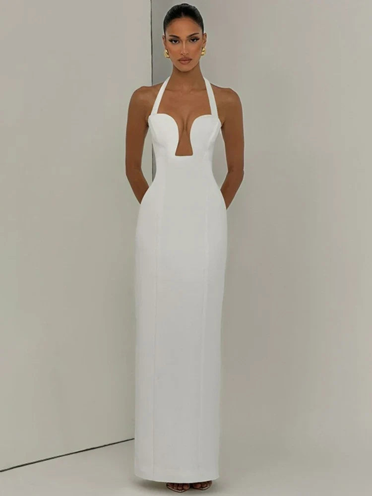 FDYOUI Elegant Chic Halter Hollow Out Bodycon Evening Dress for Women 2026 Summer Backless Sleeveless Long Wedding Party Dresses