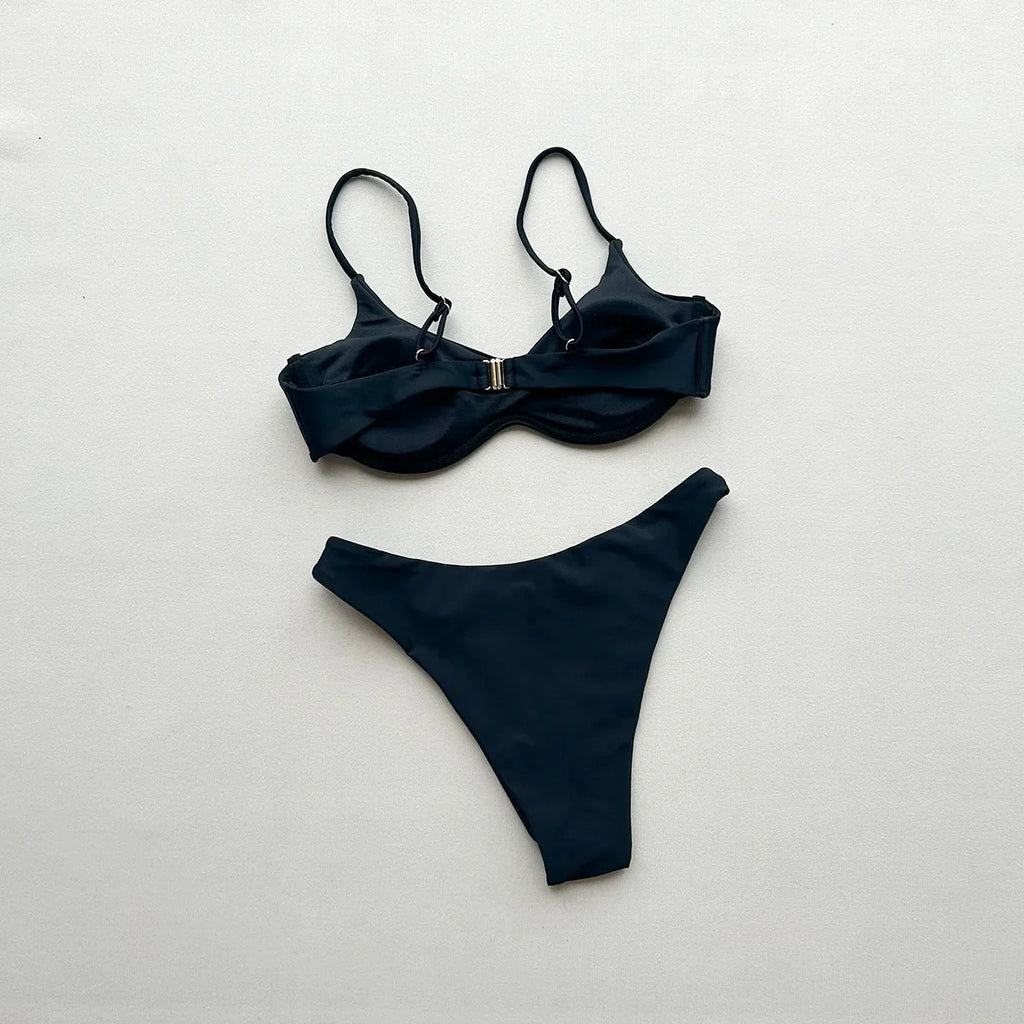 2026 New Women's Underwire Bikini Set Solid Color Strappy Swimsuit Rivet Decor Micro Bikini Sexy Backless Bathing Suit Beachwear