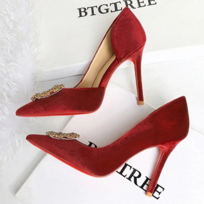 Women 10cm Super High Heels Pointed Toe Side Hollow Work Pumps Metal Crystal Buckle Velvet Stiletto Fashion Banquet Lady Shoes