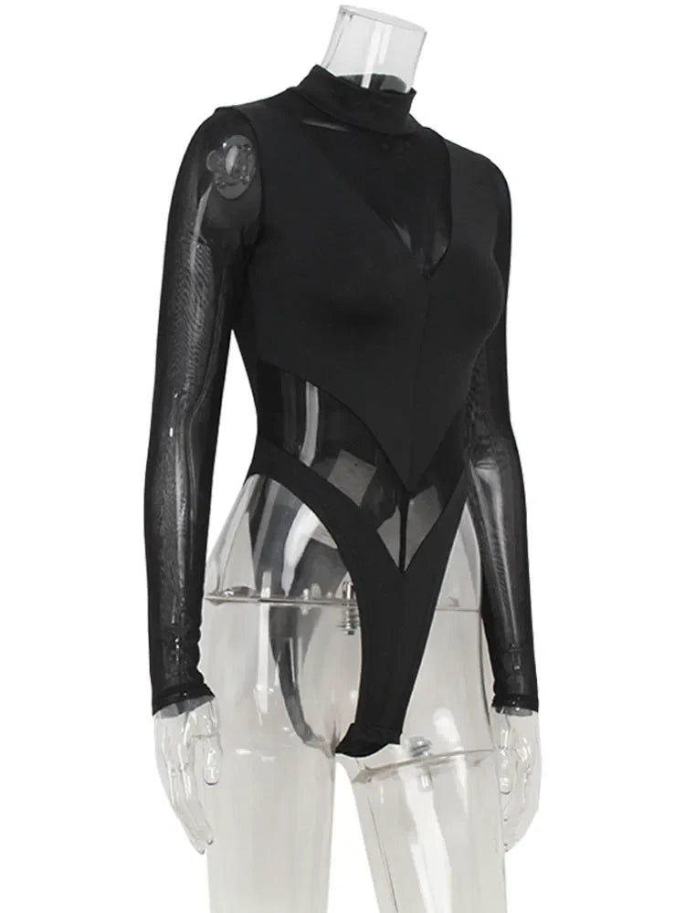 Ahagaga Sexy Mesh Women's Bodysuits See Through Skinny Turtleneck Solid Regular Long Sleeves Slim Fit Streetwear Rompers T Shirt