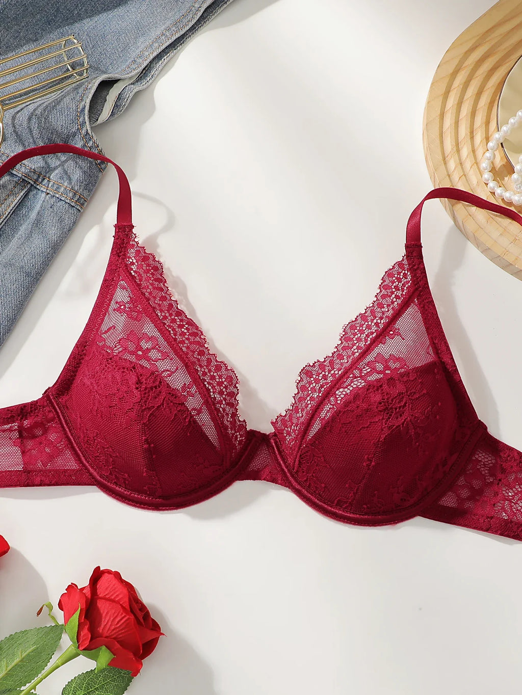 Red High-Quality Lace Bra Sexy Steel Ring Lifted Semi-Transparent Women's Underwear Lingerie for Enhanced Femininity