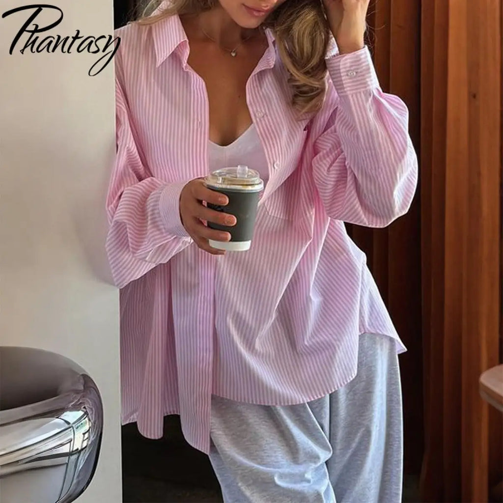 Phantasy Retro Casual Minimalist Style Striped Printed Button Down Long Sleeved Shirt Autumn Versatile Lapel Striped Loose Shirt