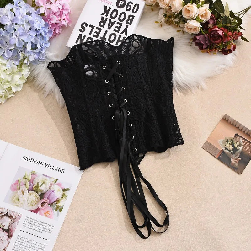 Toucheart Hot Girl Suspender Sexy Top with Fishbone Corset Intimate Hollow See-through Lace Classic Romantic Retro Palace Corset