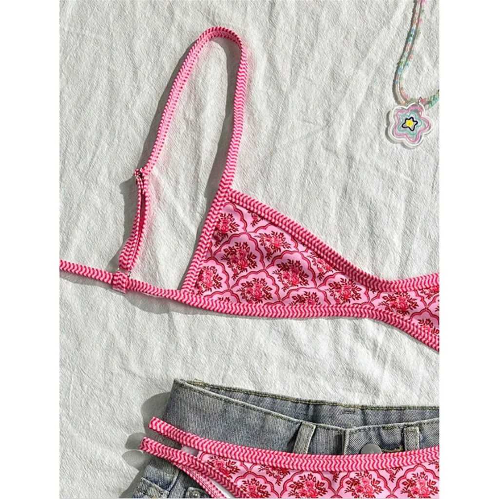 S - XL Flowers Printed High Leg Cut Bikini Female Swimsuit Women Swimwear Two-pieces Bikini set Bather Bathing Suit Swim V6965