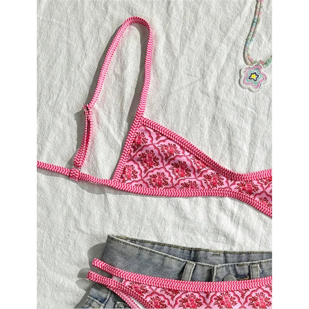 S - XL Flowers Printed High Leg Cut Bikini Female Swimsuit Women Swimwear Two-pieces Bikini set Bather Bathing Suit Swim V6965