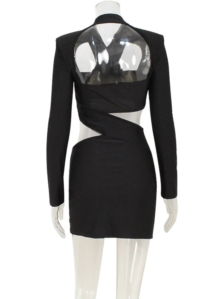 Ahagaga Sexy Club Women's Mini Dresses Solid Hollow Out V-Neck Regular Long Sleeves Sheath Bodycon Slim Fit Streetwear Vestidos