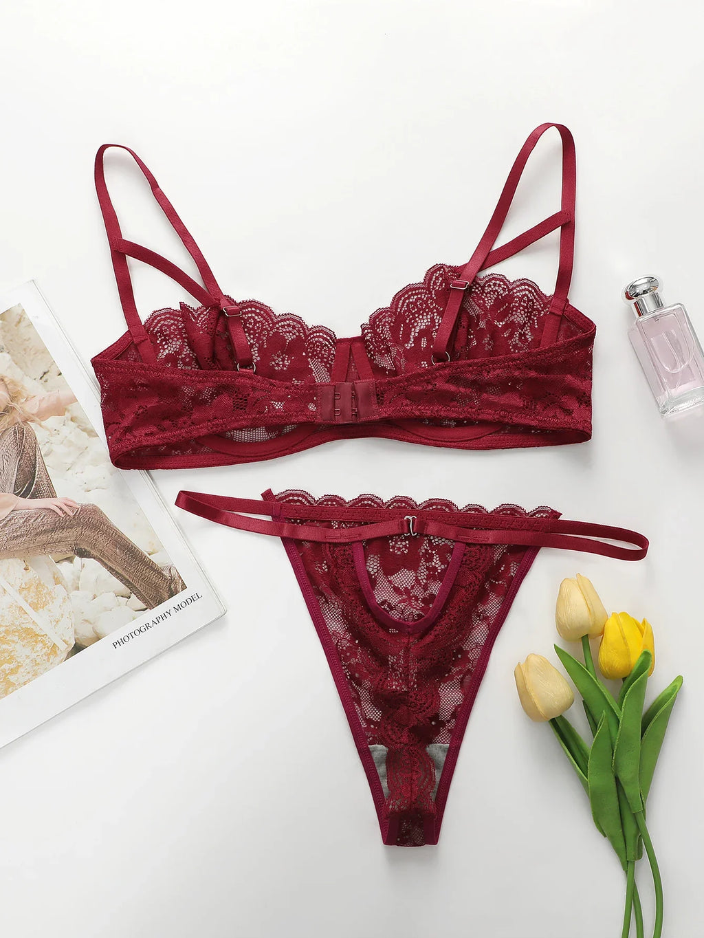 High Quality New Sexy Underwear For Women's Lace Transparent Hollow 3/4 Bra Gathering Steel Ring Push Up Underwear Set HR2634