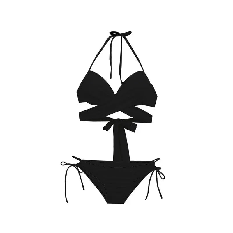 Sexy Korean Fashion Bandage Halter Cross Bikinis Sets Two Pieces Solid Black and White Swimsuit Bikinis Padded Swimwear