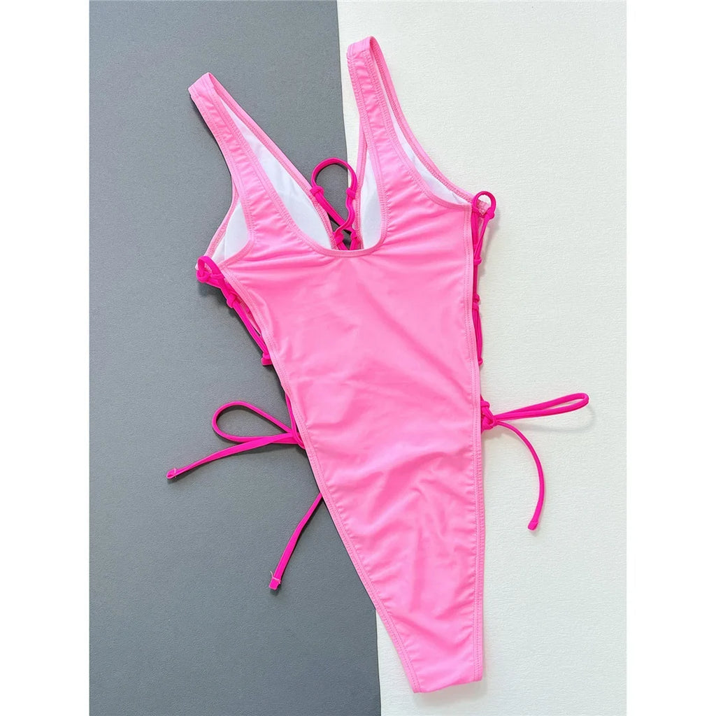 Deep V Neck Lace Up High Leg Cut Women Swimwear One Piece Swimsuit Female Wrap Around Monokini Bather Bathing Suit Swim K4719