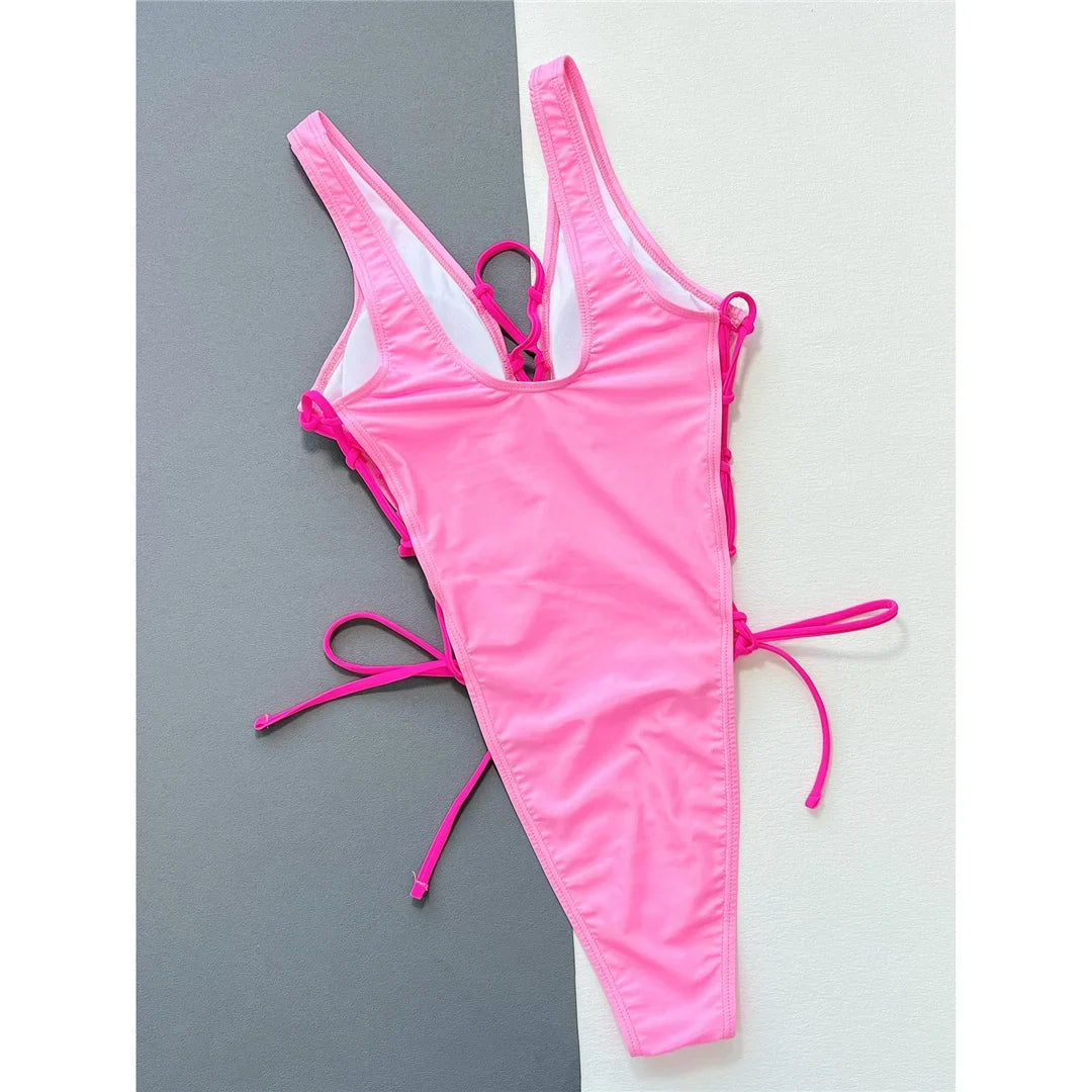 Deep V Neck Lace Up High Leg Cut Women Swimwear One Piece Swimsuit Female Wrap Around Monokini Bather Bathing Suit Swim K4719