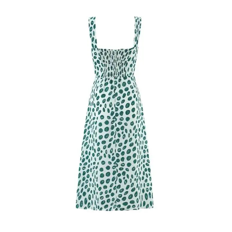French Style Low-cut Polka Dot Print Camisole Dress For Women Sexy Side Slit Waist-cinching Mid-length Beach Dress Charming WYLB