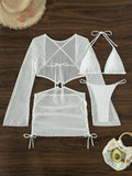 Mesh Sheer Long Sleeve Cover-Up Micro Bikini Female Swimsuit Women Swimwear Three-pieces Bikini Set Bathing Suit Swim Beach Wear