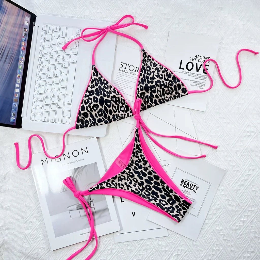 Sexy Leopard Printed Halter Brazilian Bikini Women Swimwear Female Swimsuit Two-Piece Bikini Set Bather Bathing Suit Swim V3681