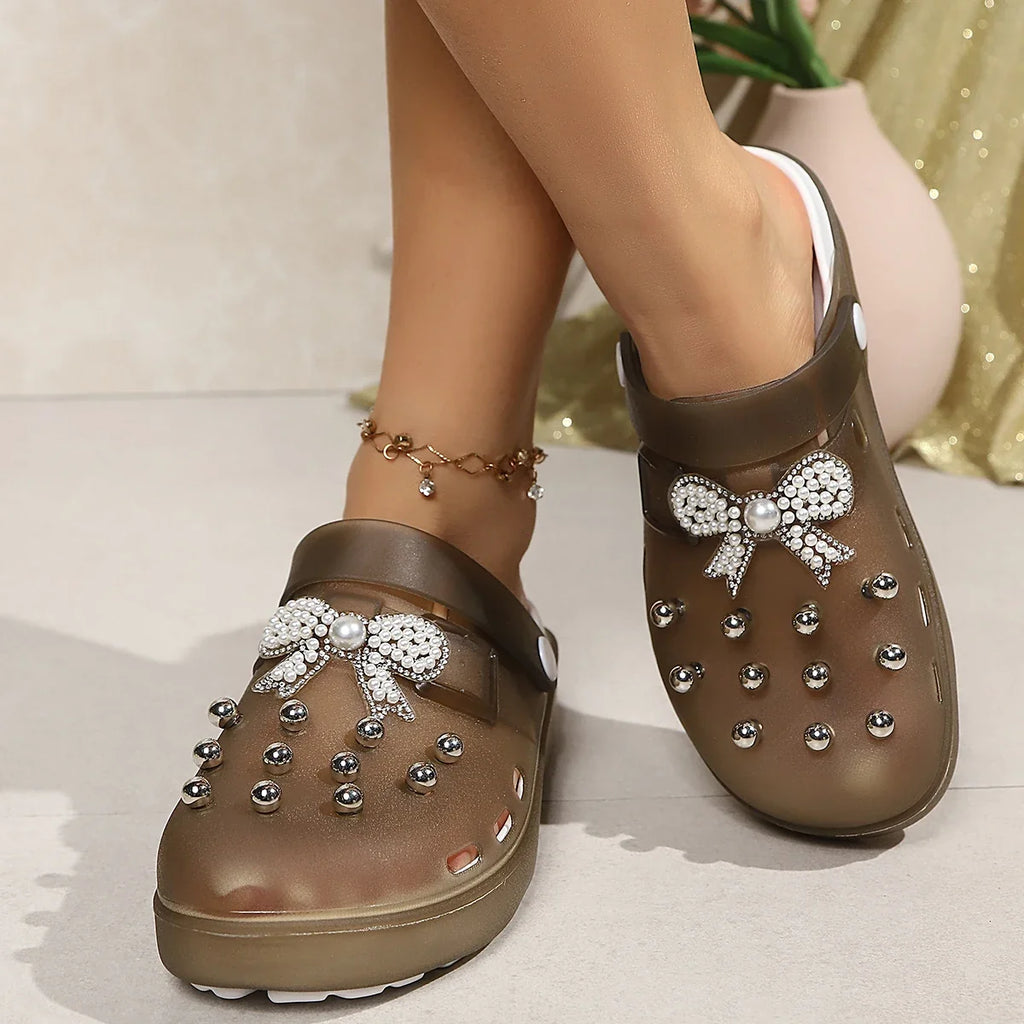 Pearls Bow Decor Platform Mules Sandals Women 2026 Anti Slip Sole Slip On Clogs Shoes Woman Breathable Thick Botom Beach Sandles