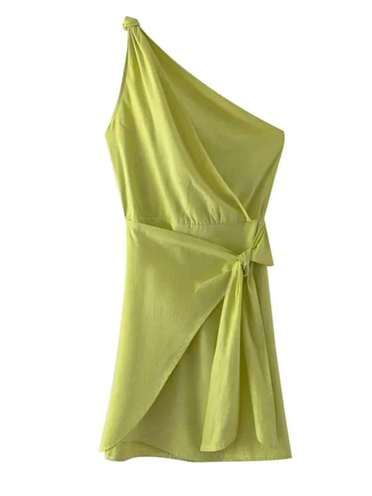 Foridol One Shoulder White Cotton Ruched Short Summer Dress Bowknot Beach Sundress Women Sleeveless Solid Dress