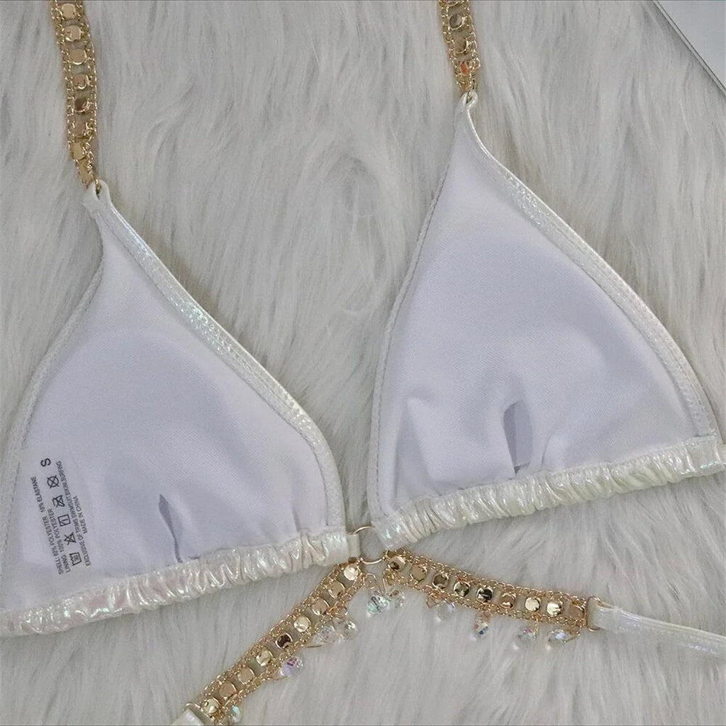 Diamond Rhinestones PU Faux Leather Bikini Female Swimsuit Women Swimwear Two-pieces Bikini Set Bather Bathing Suit Swim V5131